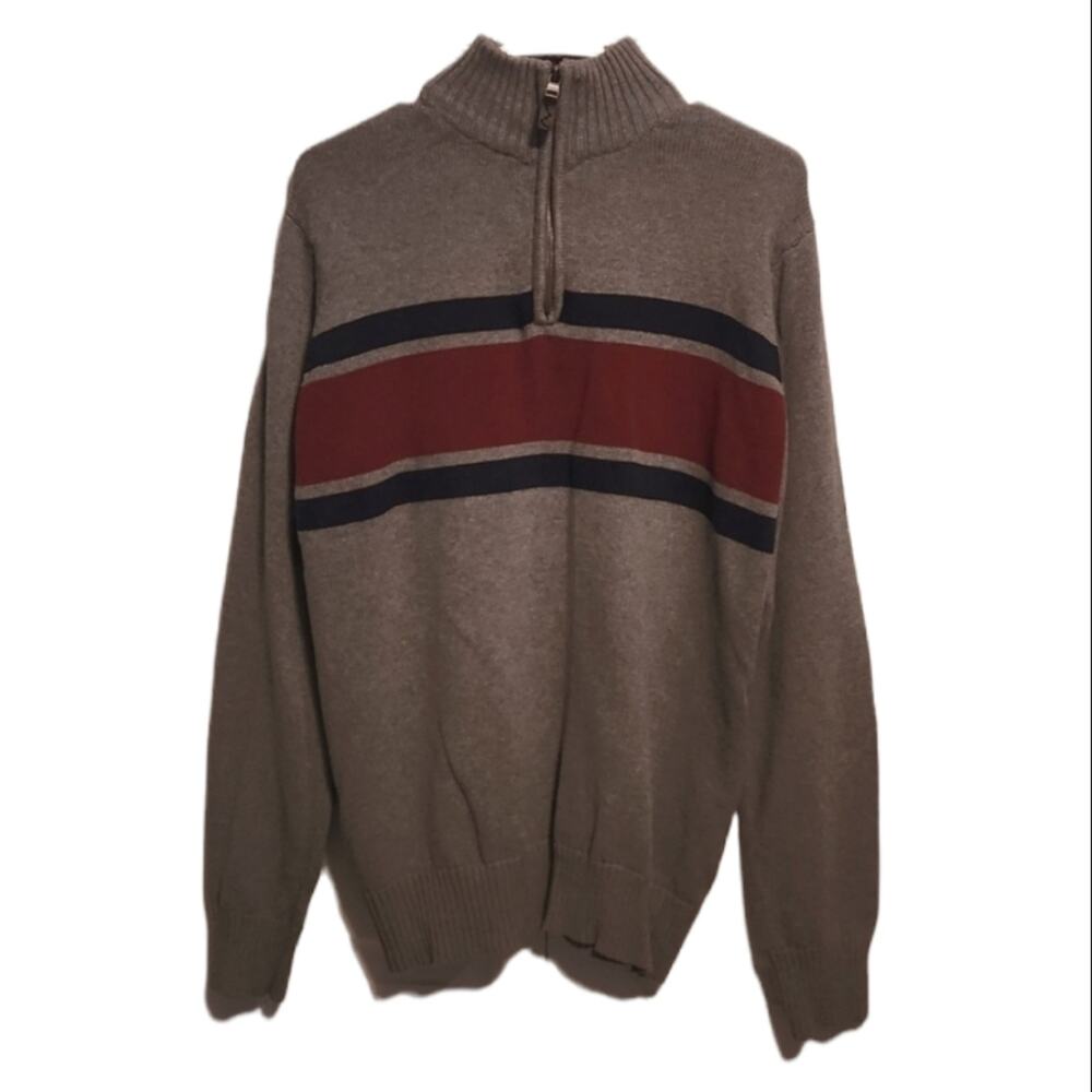 Men's Eddie Bauer Gray Striped Mock Neck 1/4 Zip Sweater/Size Med Cotton Gorp